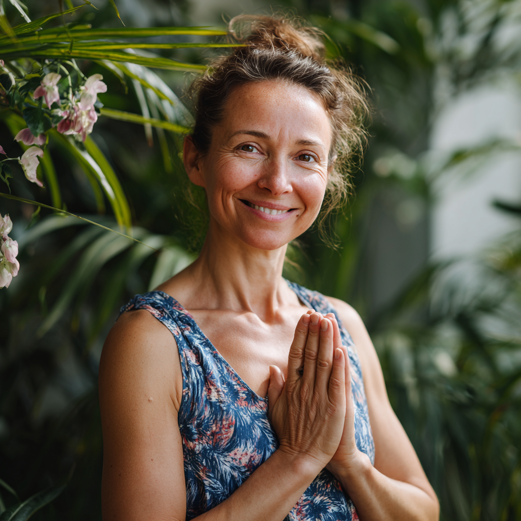 Usmievavá slovenská žena v strednom veku praktizujúca jógu v prírodnom prostredí s rukama v modlitebnej pozícii, oblečená v svetlom oblečení