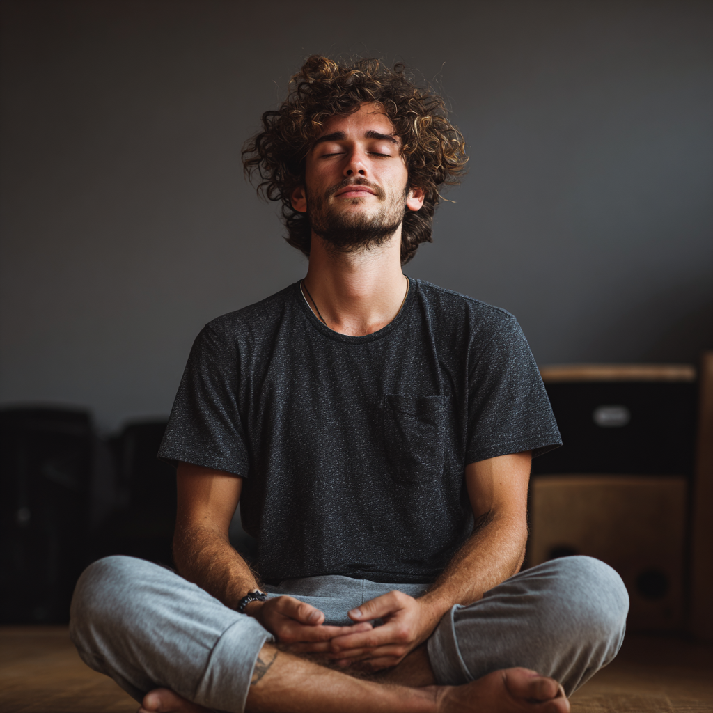 Staršia slovenská žena vykonáva jemný strečing v domácom prostředí so sústredením na dýchanie a vnímanie tela